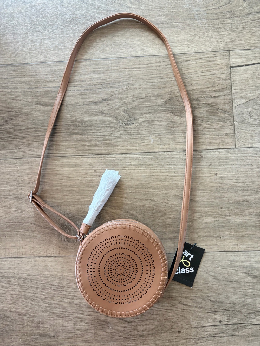 NWT: art class Round Crossbody Bag in Light Tan with boho detail & fringe